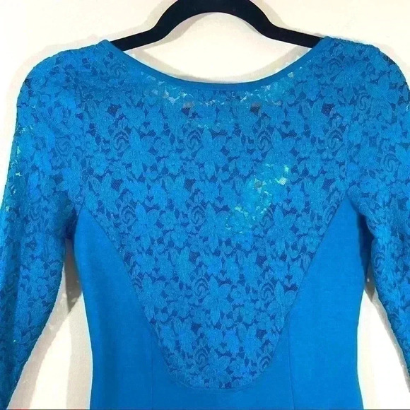 NWT Davi Dani 80’s Turquoise  Lace Long Sleeve Scoop Neck Mini Bodycon Dress (S) - Picture 9 of 12